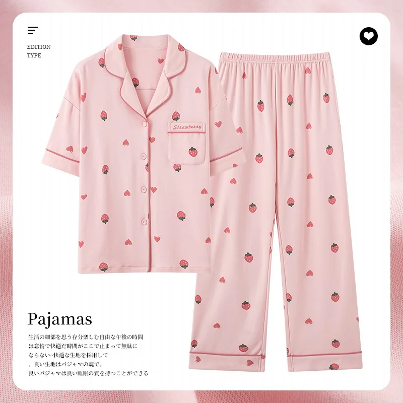 2023 New Summer Pure Cotton Women Pajama Sets Short Sleeve Long Pants All Cotton Lapel Loungewear Sleepwear Thin Two-piece Set