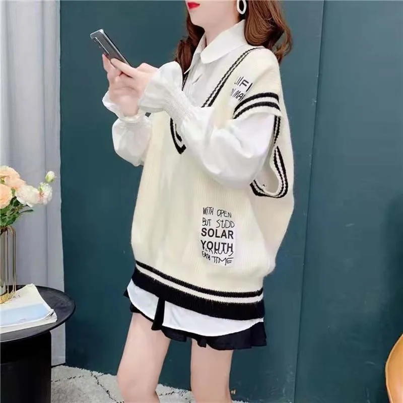 

DAYIFUN High Quality Sweater Oversize Striped Woman Vest Preppy Style V-neck Sleeveless Jacket Korean Fashion Jumper Knitwear