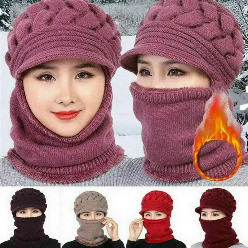 

Hat Scarf Bib Beanie Mask Set Knitted Pom Bobble Women Winter Snow Ski Cap