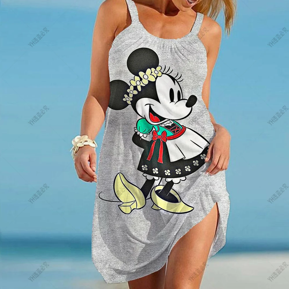 Disney Mickey Minnie Women Sexy Ruffled Summer Strappy Dress Female O-Neck Mini Sun Beach Dress Sleeveless Sling Party Sundress