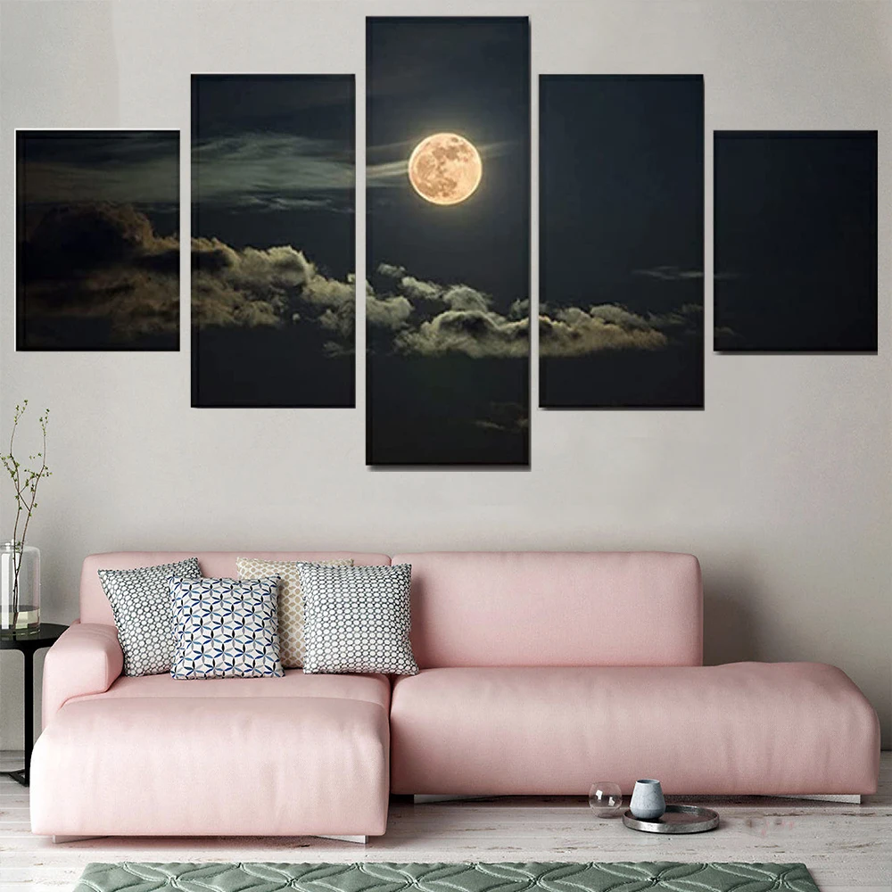 

5 Pieces Full Moon With Clouds Landscape Posters Paintings Modular Home Decor Modern HD Printed Tableau Wall Canvas Art Posters
