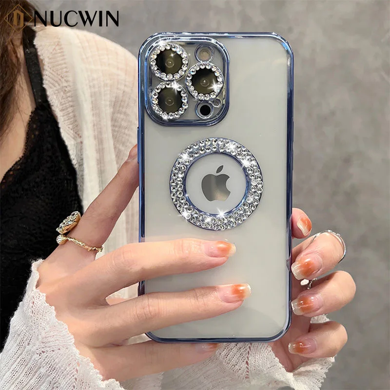 

Luxury Plating Glitter Diamond Cutout Display Logo Case For iPhone 13 12 11 Pro Max X XR XS Max 6 7 8 Plus Transparent Cover