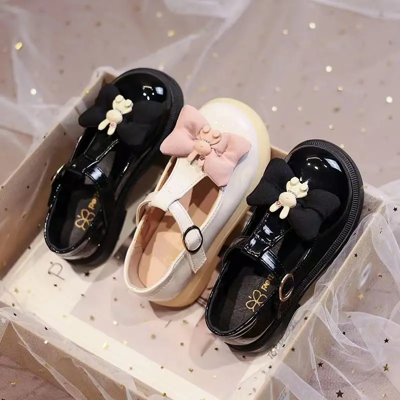 Girls' Leather Shoes Princess Shoes 2023 Spring and Autumn New Children's Bow Bunny Cutout Fashion Show Wedding Leather Shoes