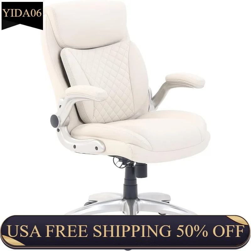

Ergonomic Executive Office Desk Chair with Flip-up Armrests and Adjustable Height, Tilt and Lumbar Support, Cream Bonded Leather