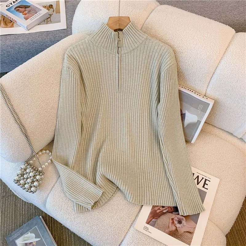 Женский вязаный свитер с воротником средней высоты на молнии утепленный длинным