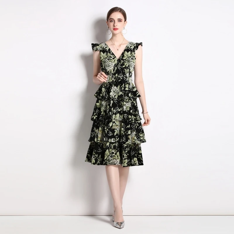 

Summer New V-Neck Cake Dress Temperament Office Lady Bohemian Beach Vacation Sleeveless Midi Dresses for Women Vestidos