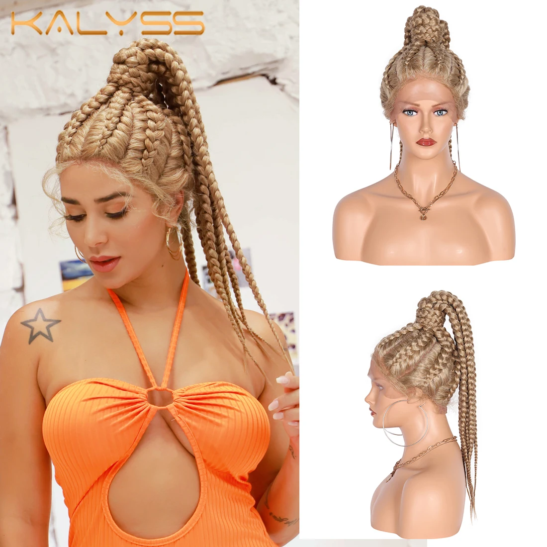 Kalyss 613 Box Braids Lace Front Wigs Synthetic Cornrow Braids Ponytails with Baby Hairs Braided Lace Front Wigs for Black Women