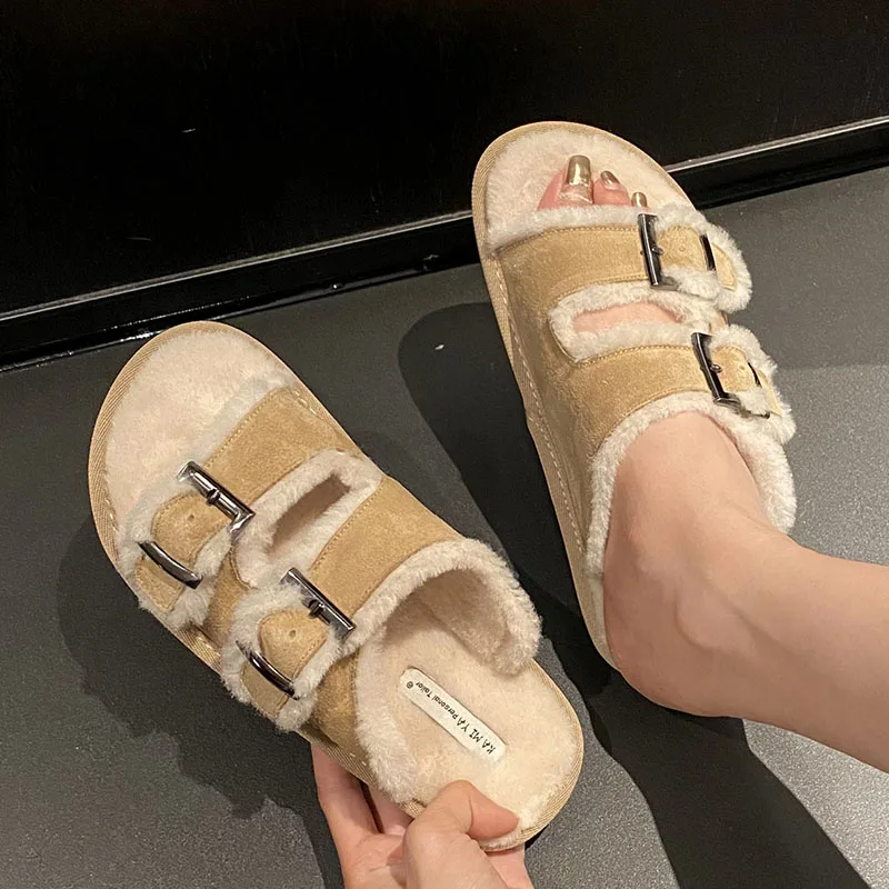 

Ladies Warm Women Slippers Fur Winter Casual Outside Round Toe Female Rubber Shoes 2022 Slides Furry Flats Designer Flip Flops