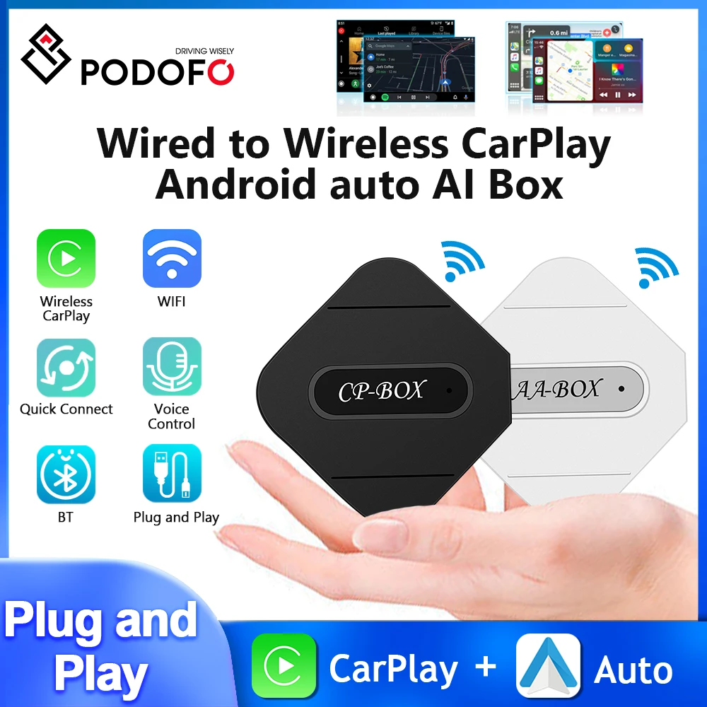 Podofo Carplay Dongle Wireless Carplay USB AI Box Android Auto AI Voice GPS Bluetooth Adapter WIFI For VW/Audi/Porsche/Nissan