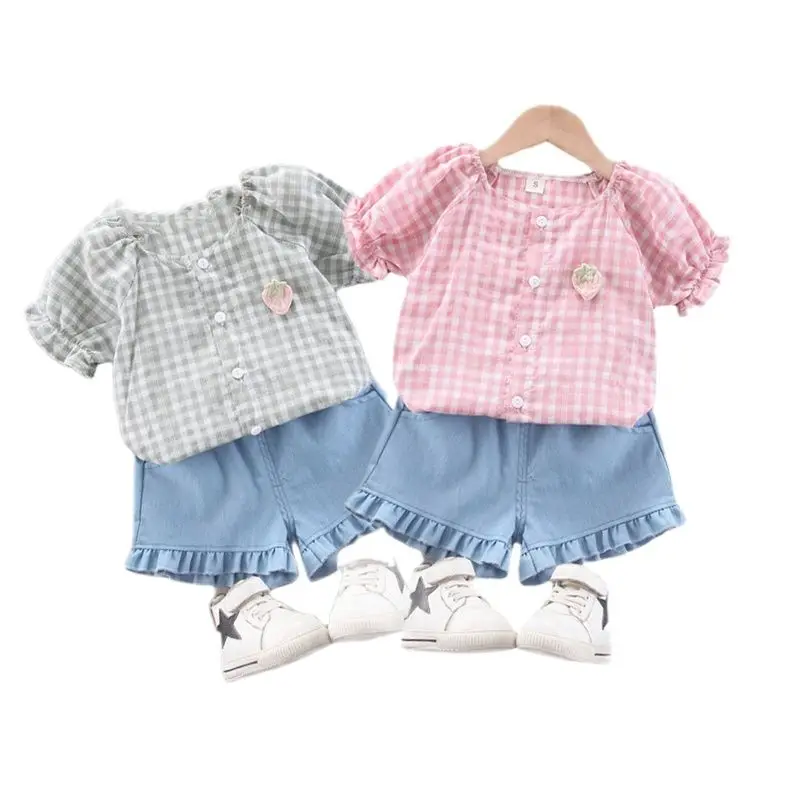 

Baby girl clothes summer fashion Shirt Short Sleeve + Denim Shorts 2 pieces kids girls casual Cute suit clothes for child
