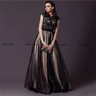 Женское банкетное Платье трапециевидного силуэта, длинные тюлевые вечерние платья черного цвета, цвета шампанского с кружевными рукавами и пуговицами на спине, платья для выпускного вечера