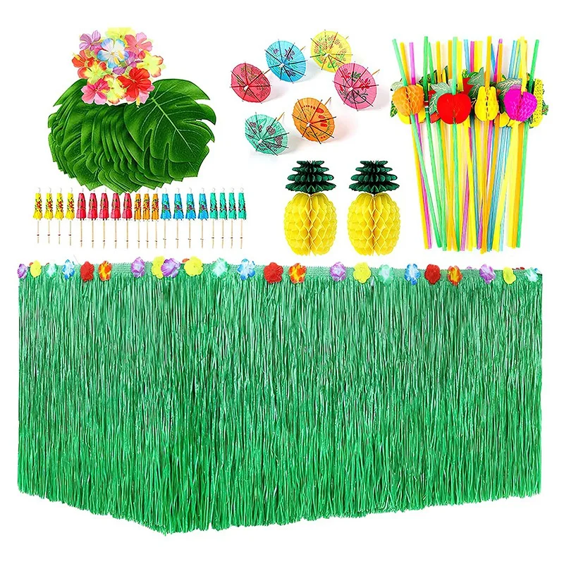 

Hawaii Tropical Party Decoration Set Straw Table Skirt, Hibiscus Flower, Palm Leaf, Paper Pineapple Decoration