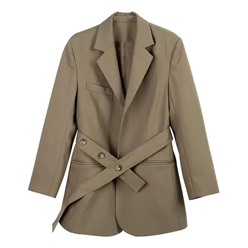 

England Style Blazers Women Solid Colors Mid Length Office Suit with Sashes 2021 Spring Autumn Commute Indie Aesthetic Blazer