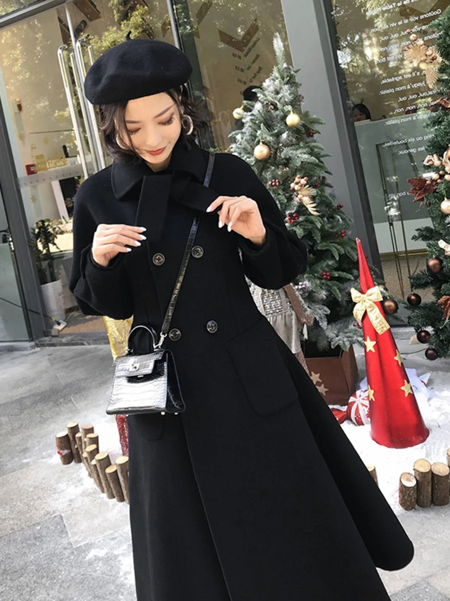 

Женское шерстяное пальто с длинным рукавом, Повседневная теплая однотонная длинная куртка в Корейском стиле, верхняя одежда, T71, новинка зим...