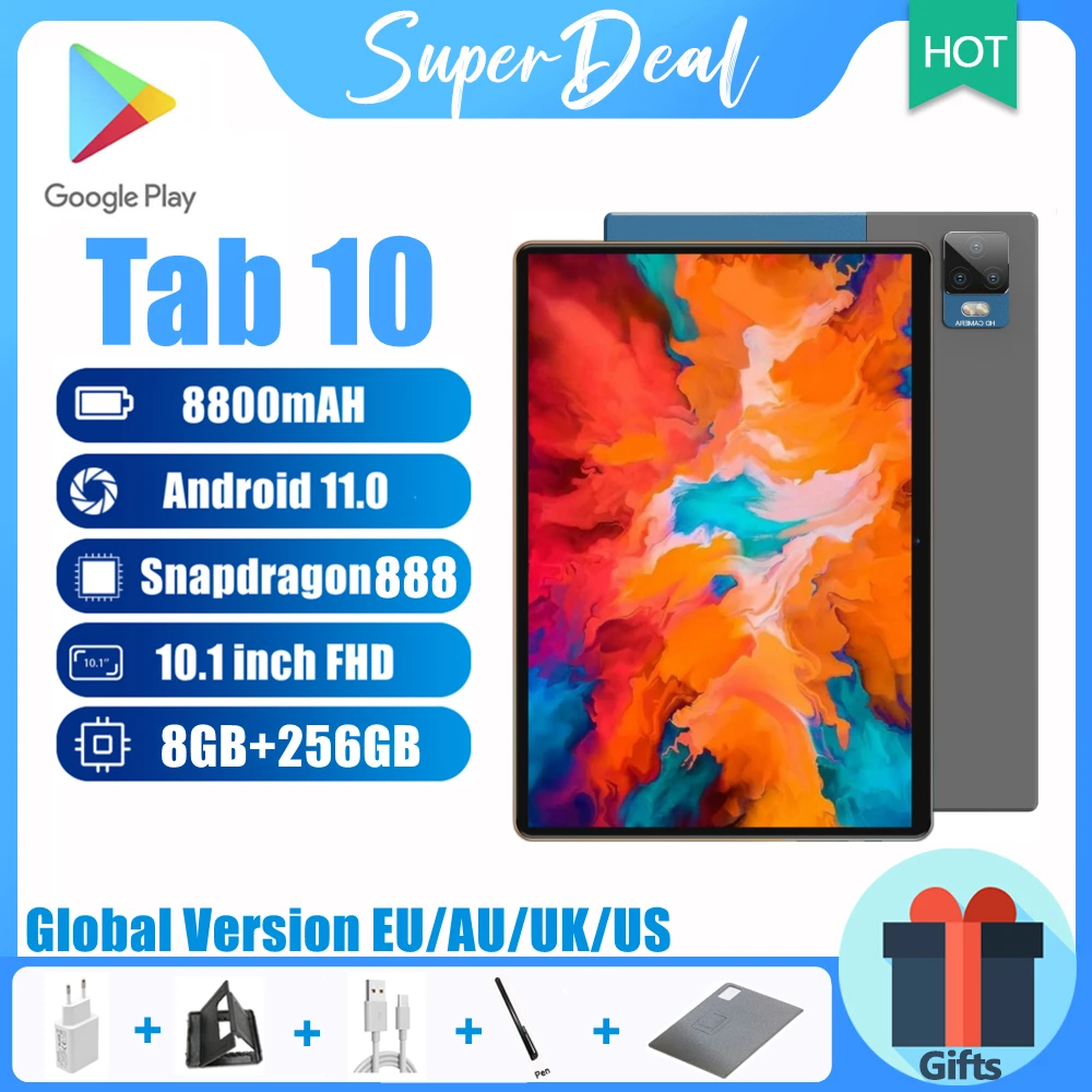 Global Firmware Tablet Tab 10 Snapdragon 888 Android 8G+256G Tablete 10.1 Inch 2K LCD Screen Type-C Phone Call 4G 5G Tablets PC