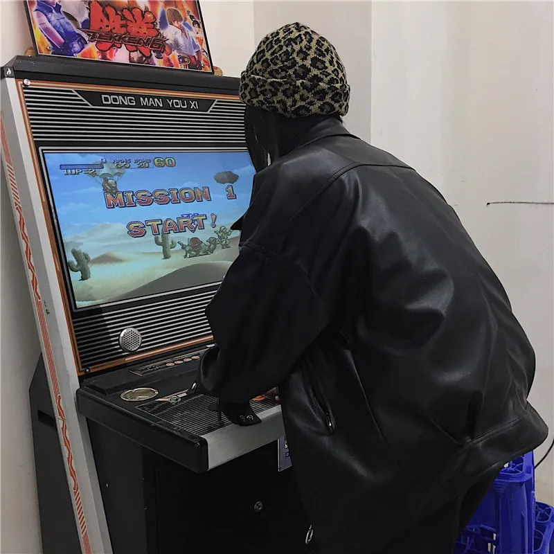 Outerwear Women's Autumn 2022 American Retro Black Motorcycle Leather Design Loose PU Jacket Top Black Gothic Clothes