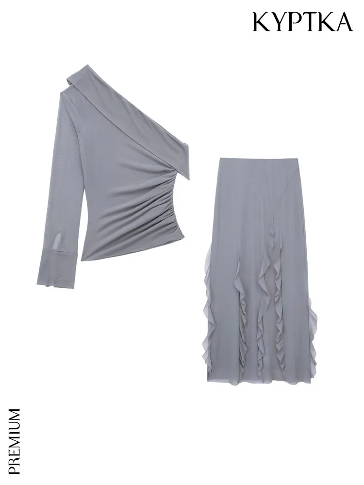 

Женская блузка с оборками KYPTKA, белая Асимметричная блузка из тюля с высокой эластичной талией и юбка миди, комплект из двух предметов,