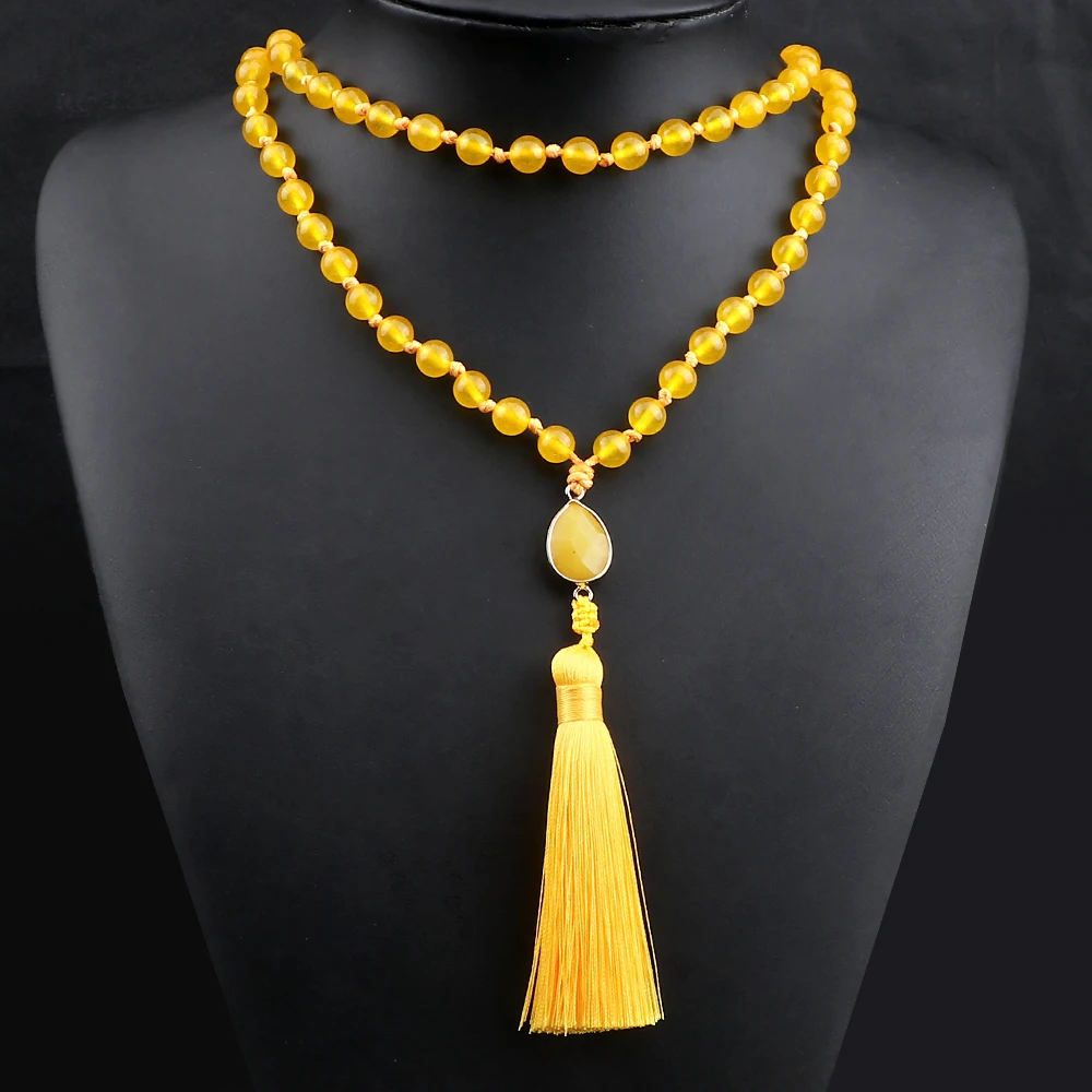 Модные 108 мала натуральный желтый халцедон бусины ожерелья для женщин богемные