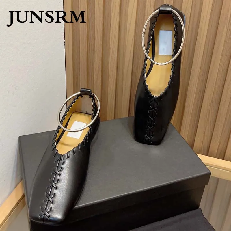 

Square Head Sewing Design Single Shoes Ankle Metal Ring Decoration Fashion Elegance Loafers 2023 Women Slip-On Casual Shoes