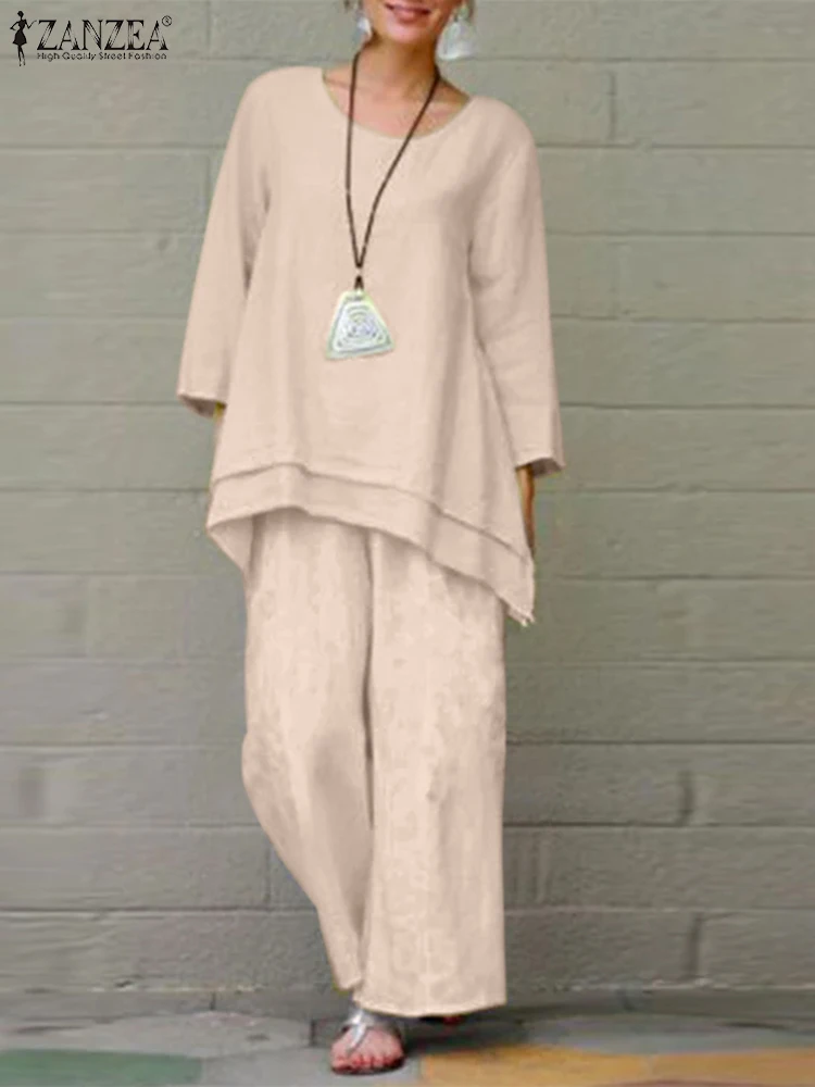 

Коллекция 2022 года, элегантные комплекты ZANZEA, осенняя женская блузка с круглым вырезом и длинным рукавом, широкие брюки, женский свободный ко...