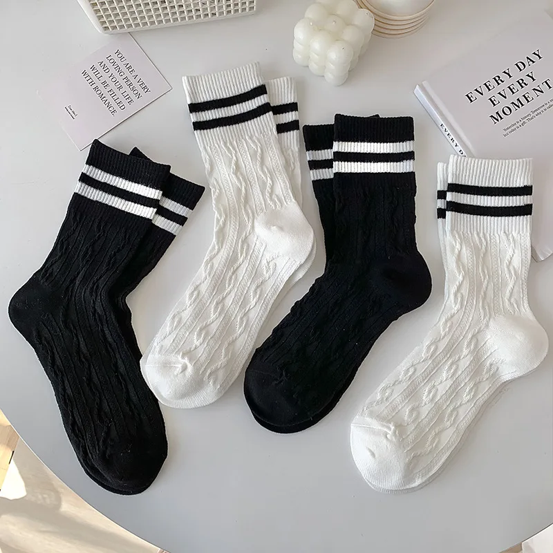 

Black White Striped Women Socks Hollow Out Thin Cotton Long Socks Casual Fashion Summer Mesh Breathable School Girls Crew Socks