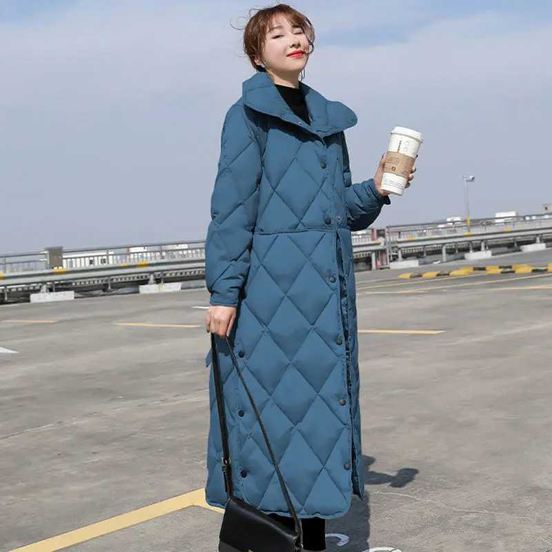 Autumn and Winter Fashion Long Section Plaid Casual Thick Down Jacket Women's Long-sleeved Jacket 2023 New Lapel Single-breasted