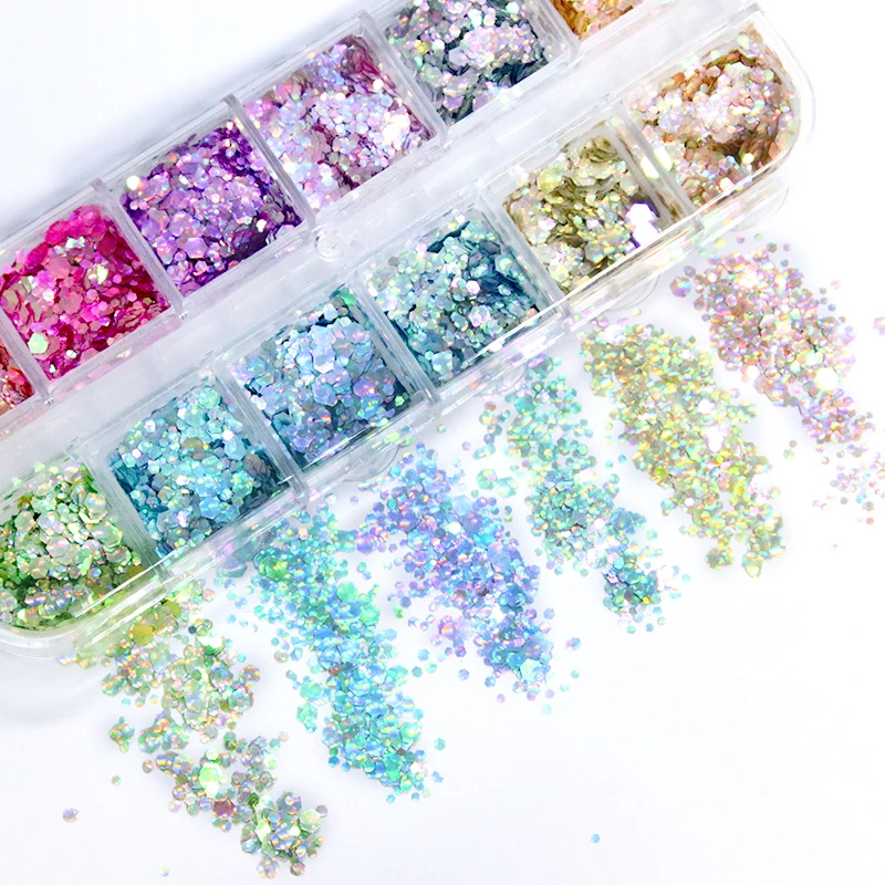 

12 Grids Holographic Cat Eye Shiny Nail Glitter Sequins Mixed Colors Laser Nail Flakes Nail Art Decoration Manicure Accessories