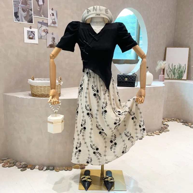 

New Women's Clothing 2022 Summer Vintage button slim Short Sleeve T-Shirt Top + medium long high waist skirt two-piece set