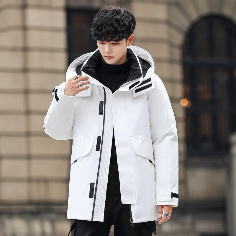 white eiderdown men handsome, fashionable, comfortable, long hooded down jacket simple, fashionable and versatile down windbre