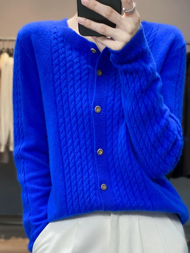 2023 Autumn And Winter New Round Neck Twist Flower 100% Pure Wool Sweater Cardigan Women's Loose And Thin All-Match