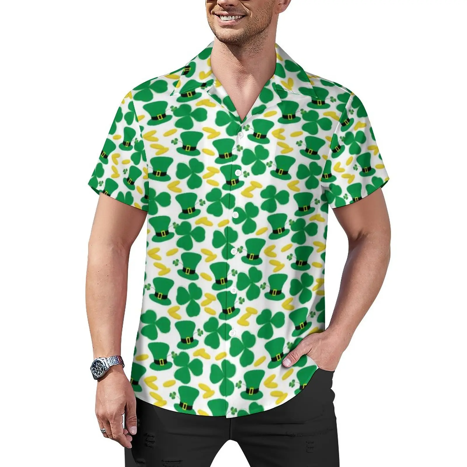 

Повседневные рубашки на День Св. Патрика, рубашка для отпуска с надписью Lucky Shamrocks, золотые монеты, шляпа лепрекауна, Гавайские модные блузки большого размера с принтом для мужчин