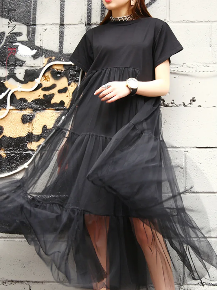 

LANMREM Casual Irregular Mesh Spliced Dress Women Round Neck Short Sleeves A-line Dresses Fashion 2023 New Clothing 2AA2276