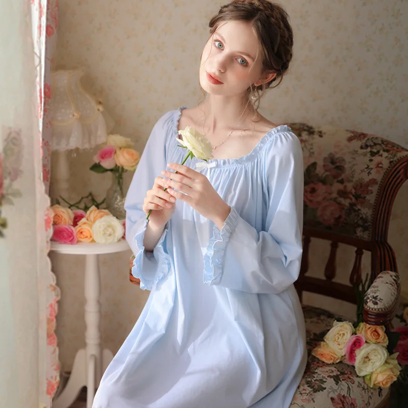 French Spring and Autumn Women's Long Cotton Pajamas, Long-sleeved Thin Loose Plus Size 200kg, Homewear Sleepshirt Nightgown