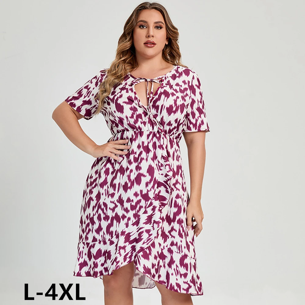 

Plus size Woman dress Women Summer Leopard Dress Casual A-Line Skirt Print Short Sleeve Deep V Neck Skirt dress for women L-4XL