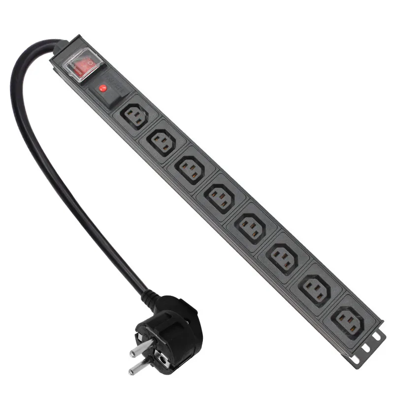 19 inch Network Rack PDU aluminium alloy Power Strip socket 8 Ways C13 output With overload protection 2m extension cable