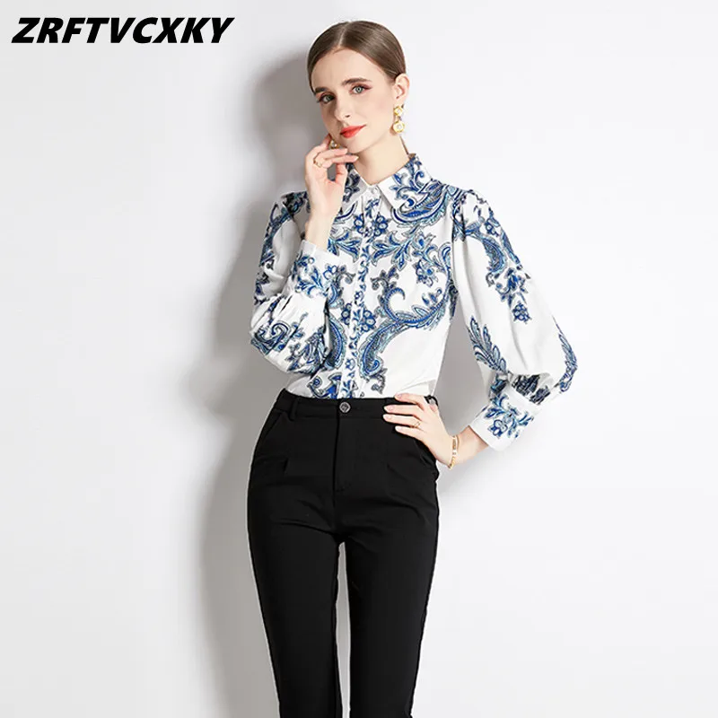 

Spring Chic Office Lady Blousa Turn-Down Collar Vintage Print Tops Elegant Single Breasted Women Blouses Loose Casual Shirts