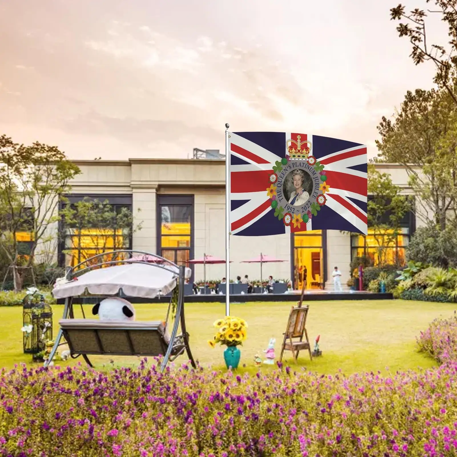 

Platinum Jubilee Union Jack Flag Featuring - Queen Platinum Jubilee Flag, Her Majesty The Queen, Bri