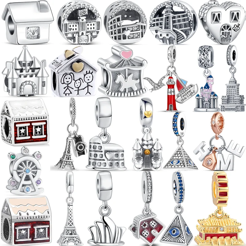 New 925 Silver Ferris Wheel Iron Tower Castle Lighthouse Pyramid House Family Beads Fit Original Pandora Charms Bracelet Jewelry