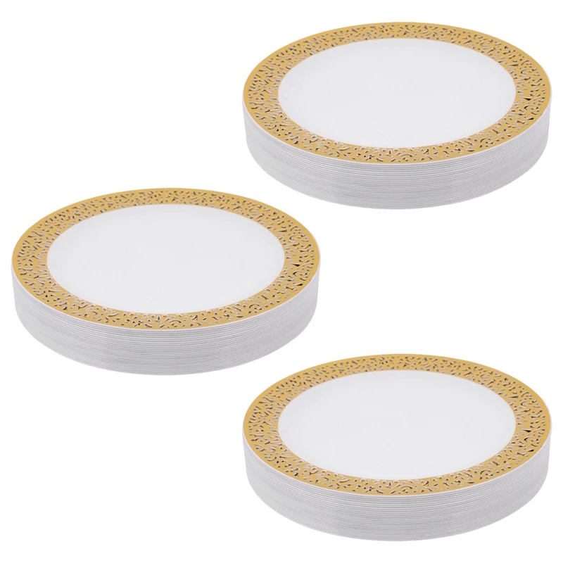 

Золотые одноразовые пластиковые тарелки-кружевные дизайнерские пластиковые тарелки для свадебной вечеринки, золотые кружевные тарелки, т...