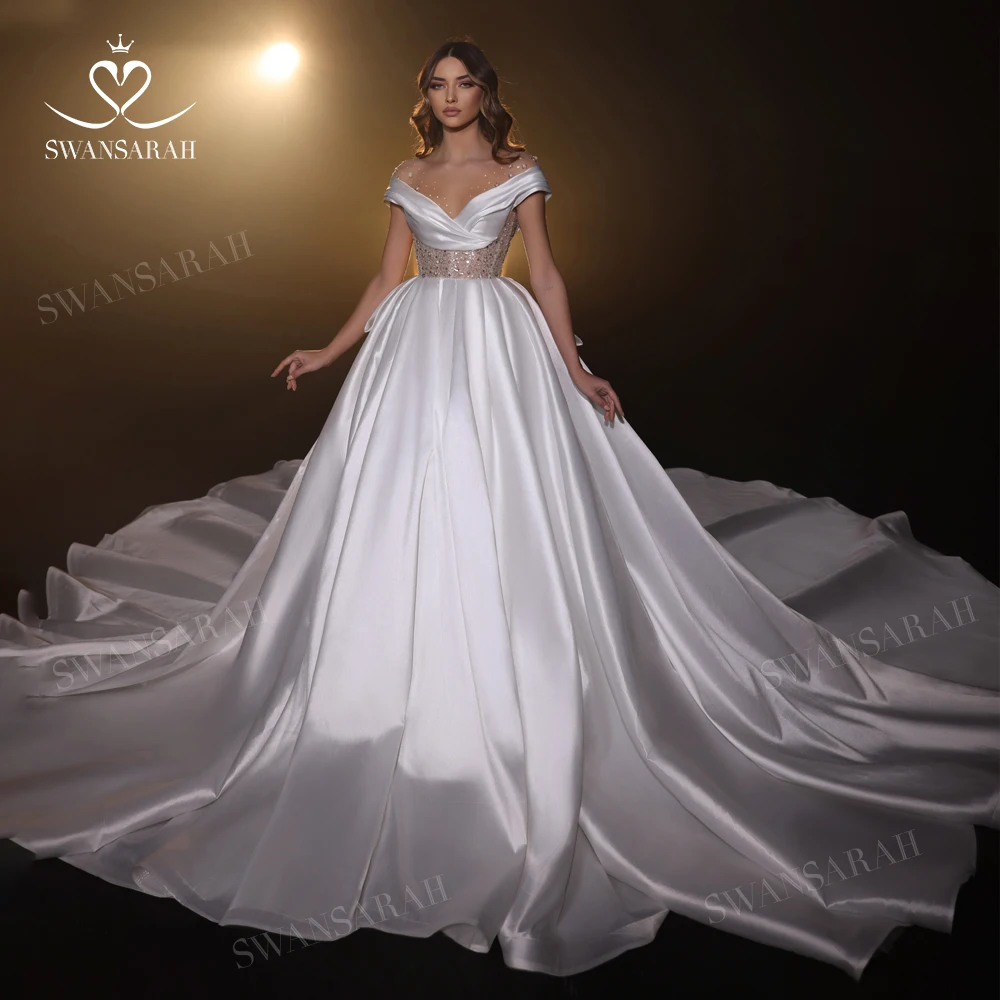 

Off Shoulder Wedding Dress 2023 Satin Beading A-Line Court Train Princess Bride Gown SwanSarah R155 Plus Size Vestido De Novia