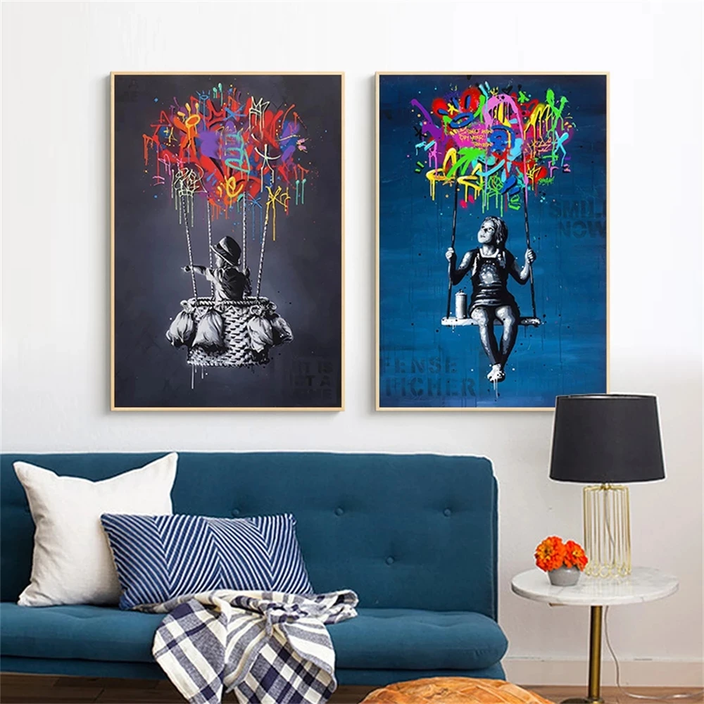 

Modular Graffiti Canvas HD Prints Pictures Wall Art Painting Home Decor Boy on Hot Air Balloon Posters For Living Room No Frame