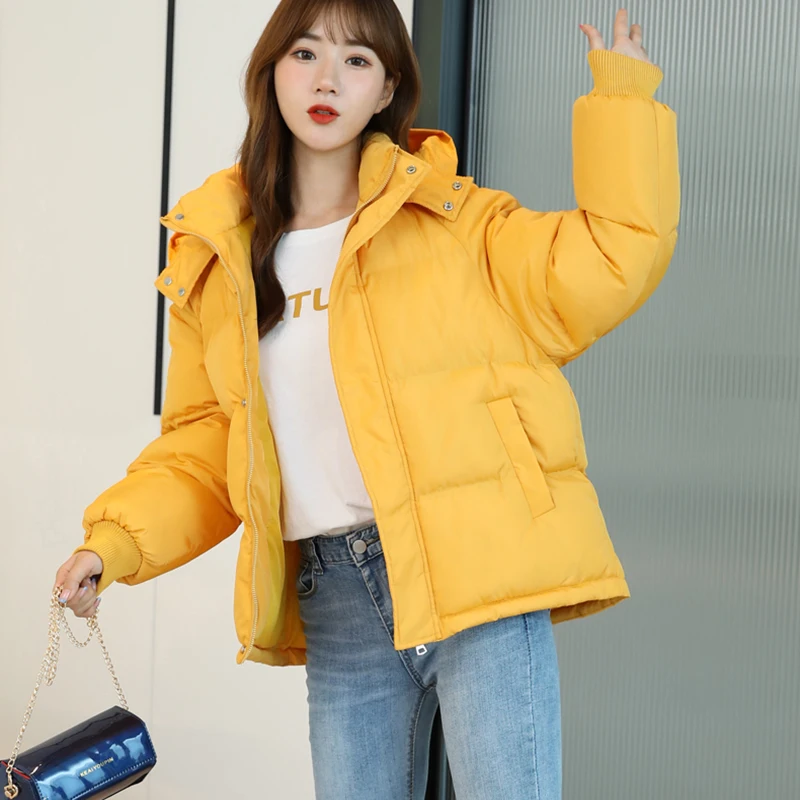 Winter Women's Hooded Zipper Loose Down Coat Korean Fashion Solid Color Long Sleeve Warm Thick Cotton Coat New 2023 Black