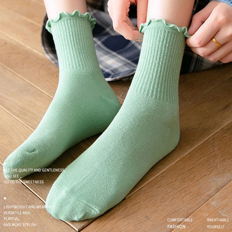 Ruffle Socks Women Girls Solid Color Kawaii Cute Frilly Lolita Japanese Maiden Cotton Harajuku Princess Crew Tube Middle Socks