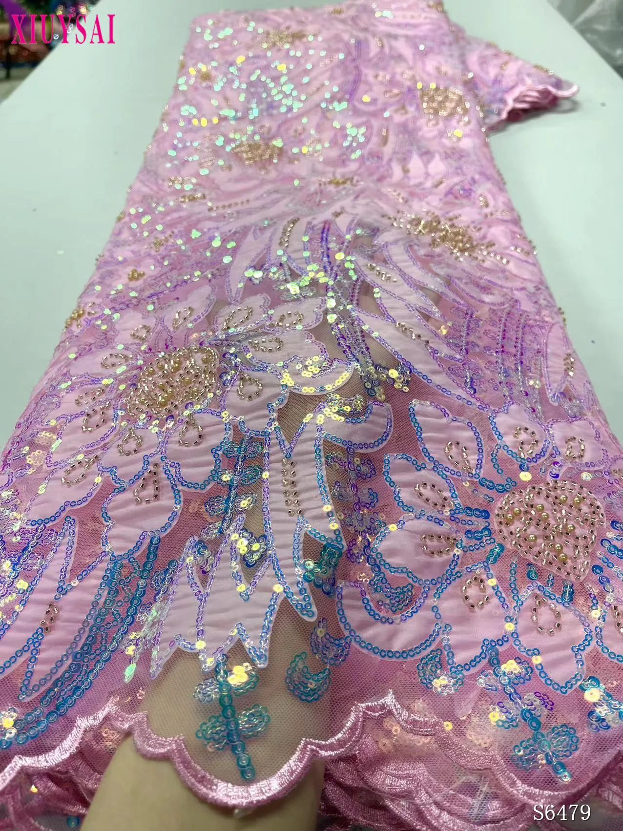

2023 Latest African Sequins Lace Fabric Pink Line Embroidery French Mesh Beads Lace Fabric Nigerian Tulle Lace For Party