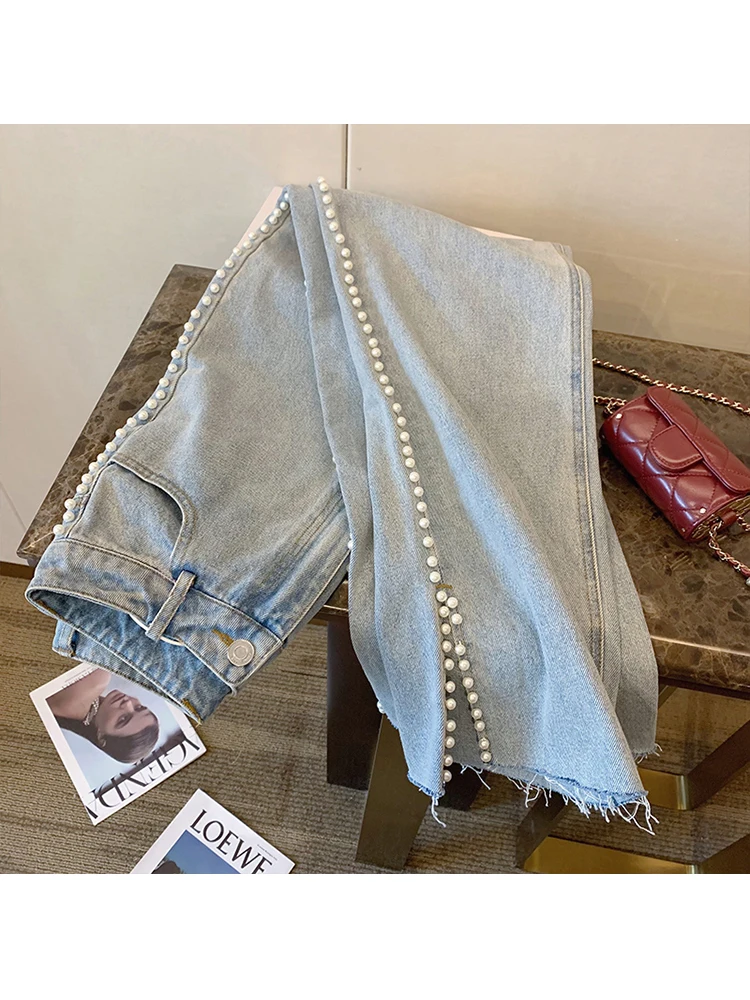 

Women Vintage Retro Style Full Length Jeans Wide Leg High Waist Loose Pearl Trim Denim Pnats Trousers Ulzzang Streetwear