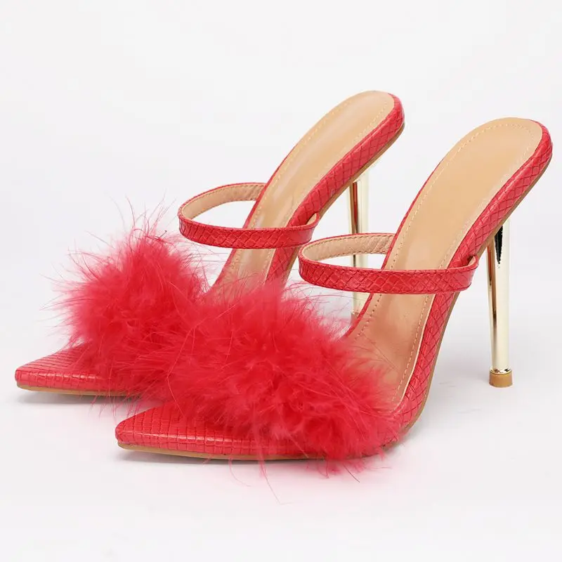 

Женские босоножки с острым носком, модные туфли на шпильке, пикантные меховые сандалии, туфли-слайды, большие размеры, лето