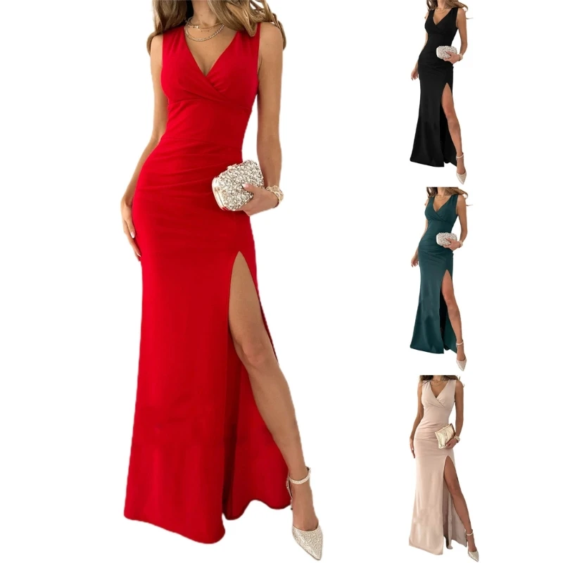 

New style Vacation Dresses Womens Solid Color Split Hem Maxi Dress V-neck Sleeveless