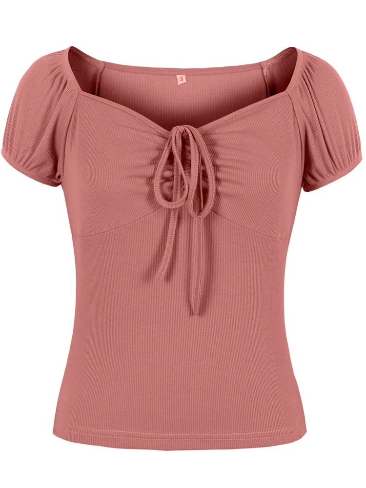 

Vintage Square Neck Tie Front Short Sleeve Tees Solid Color Rib-Knit Slim Tops 2023 New Summer Women Y2K Retro Clothes T Shirts