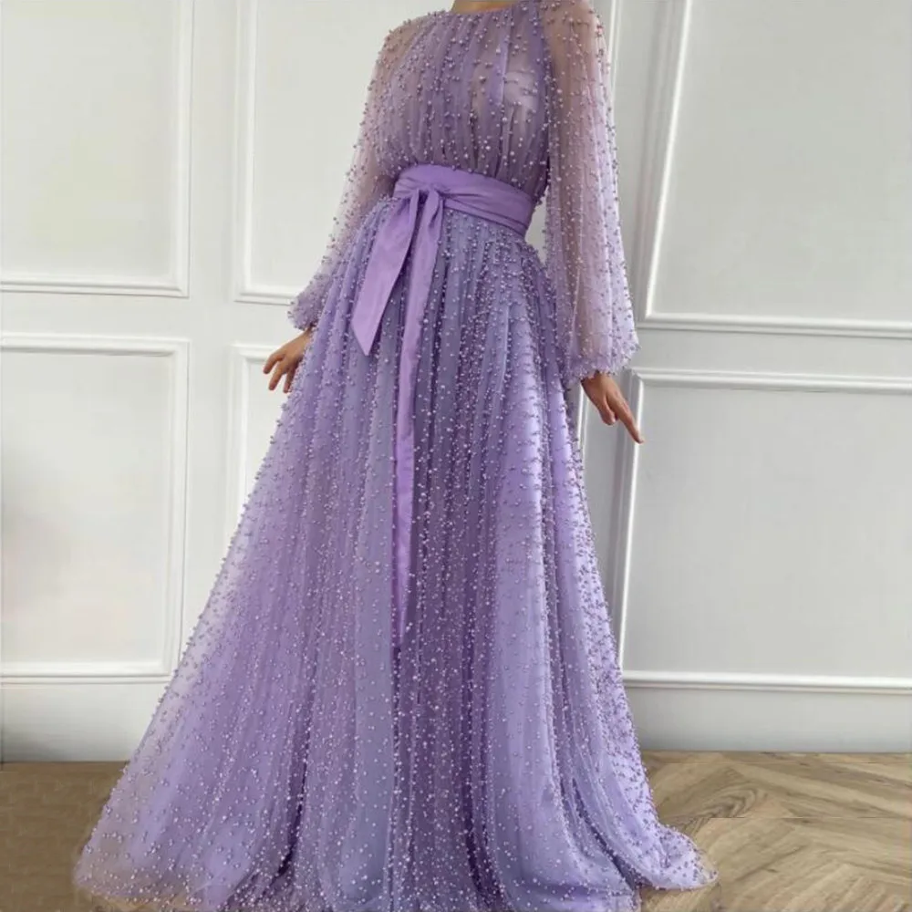 

Luxury Pearls Light Purple Prom Dresses O-Neck Long Puffy Sleeves A Line Sash Pleated Evening Party Gowns Sweetie Party Dress