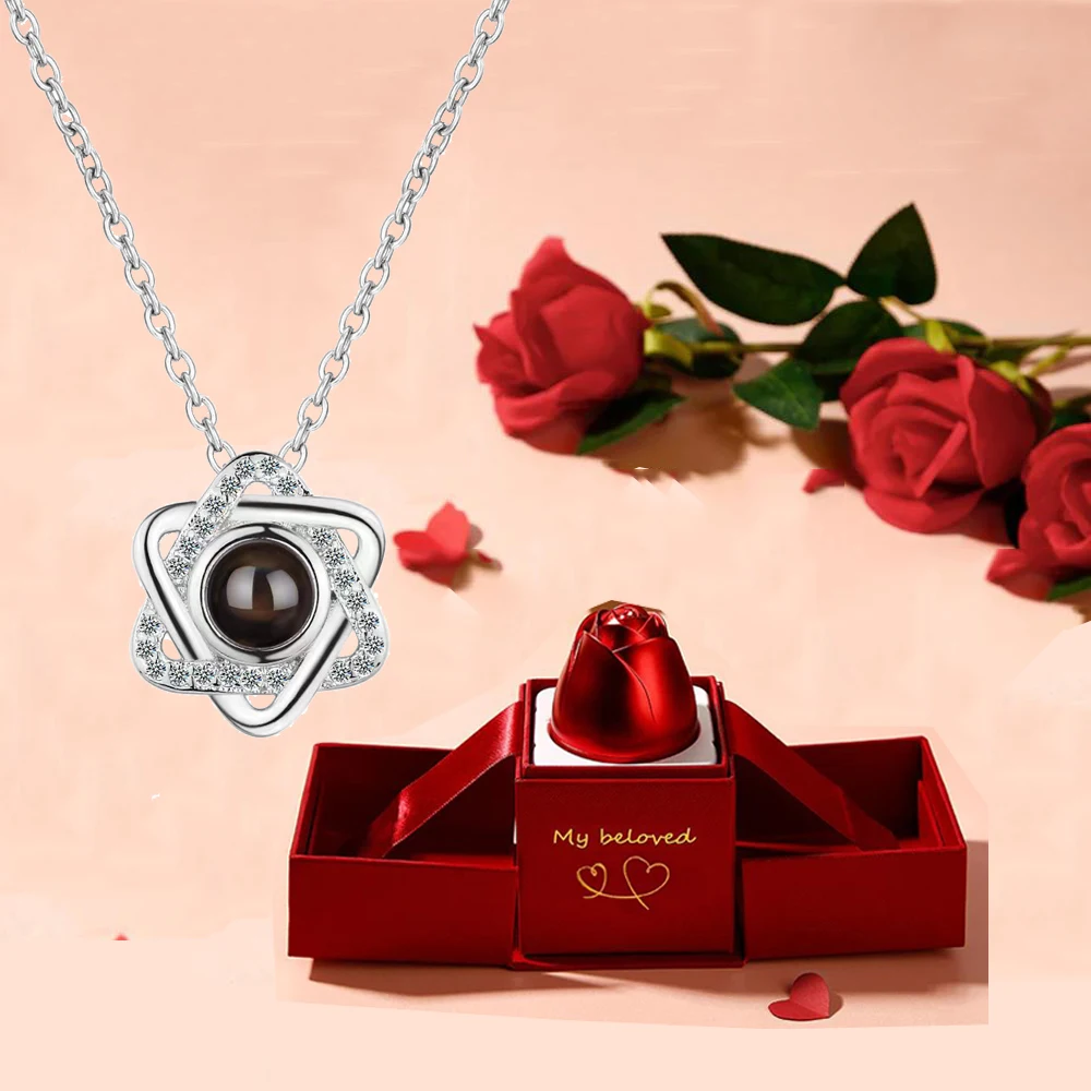 

Projection Necklace With Luxury Rose Gift Box 100 Languages I Love You Star Heart Pendant 2023 New Romantic Mother's Day Gifts